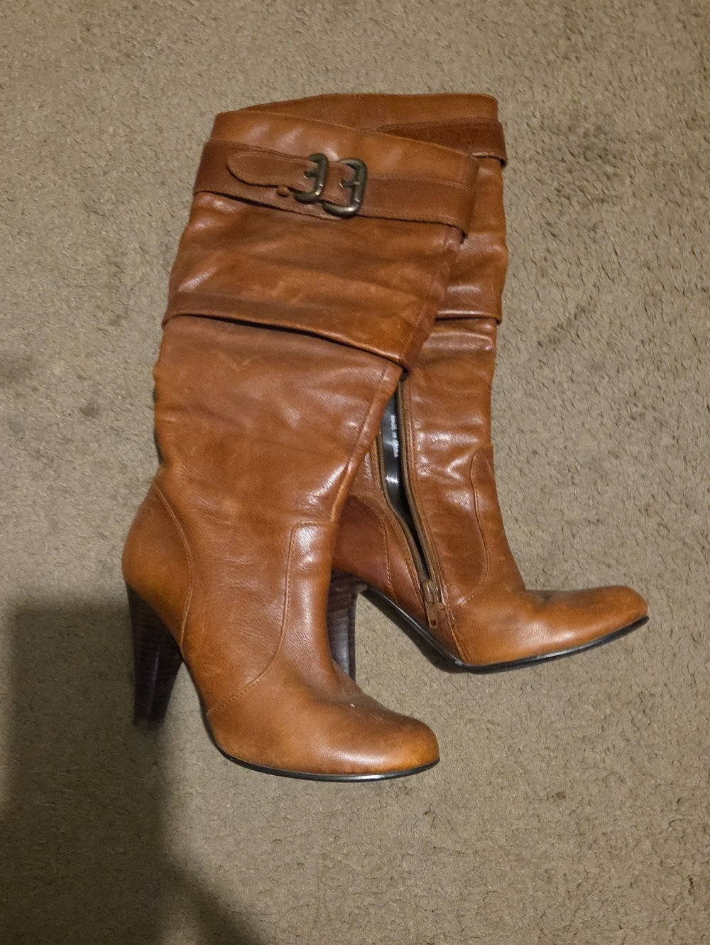 Aldo Wistful Cognac Leather Mid-Calf Buckle Heeled Boots